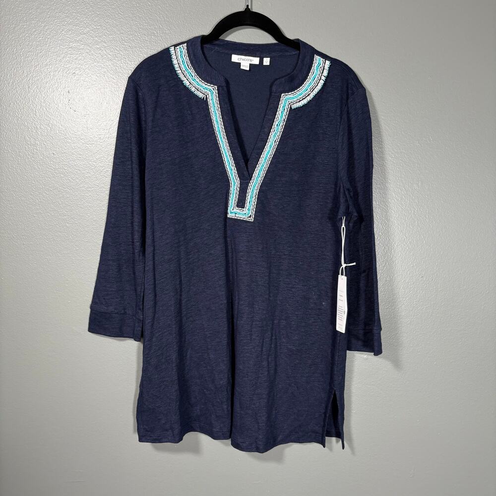 Chico's NWT Women's Blue 100% Linen Boho Beaded Top - Size 1 (Medium) - Resort